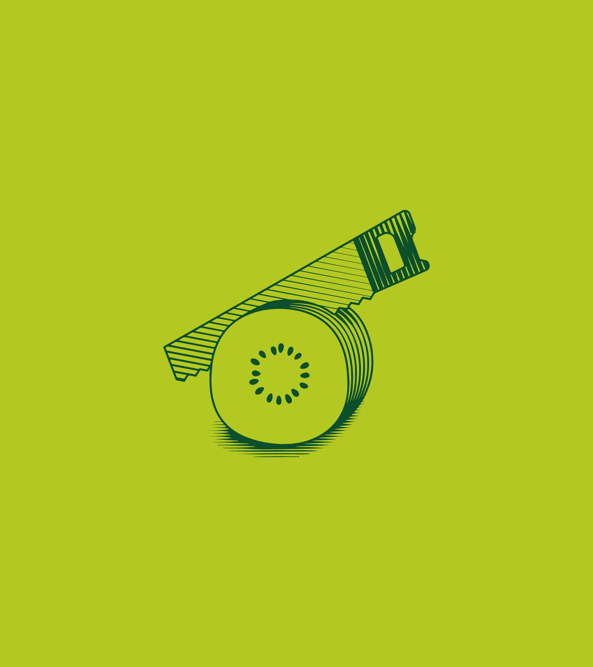 Woodcut style illustration of a kiwi getting sawed.